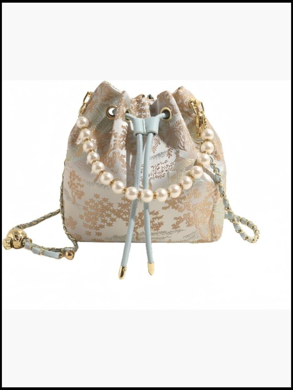 Small Pearl Beaded Drawstring Bucket Bag Crossbody Purse Hobo Shoulder